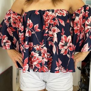 Blue Floral Off the Shoulder Top